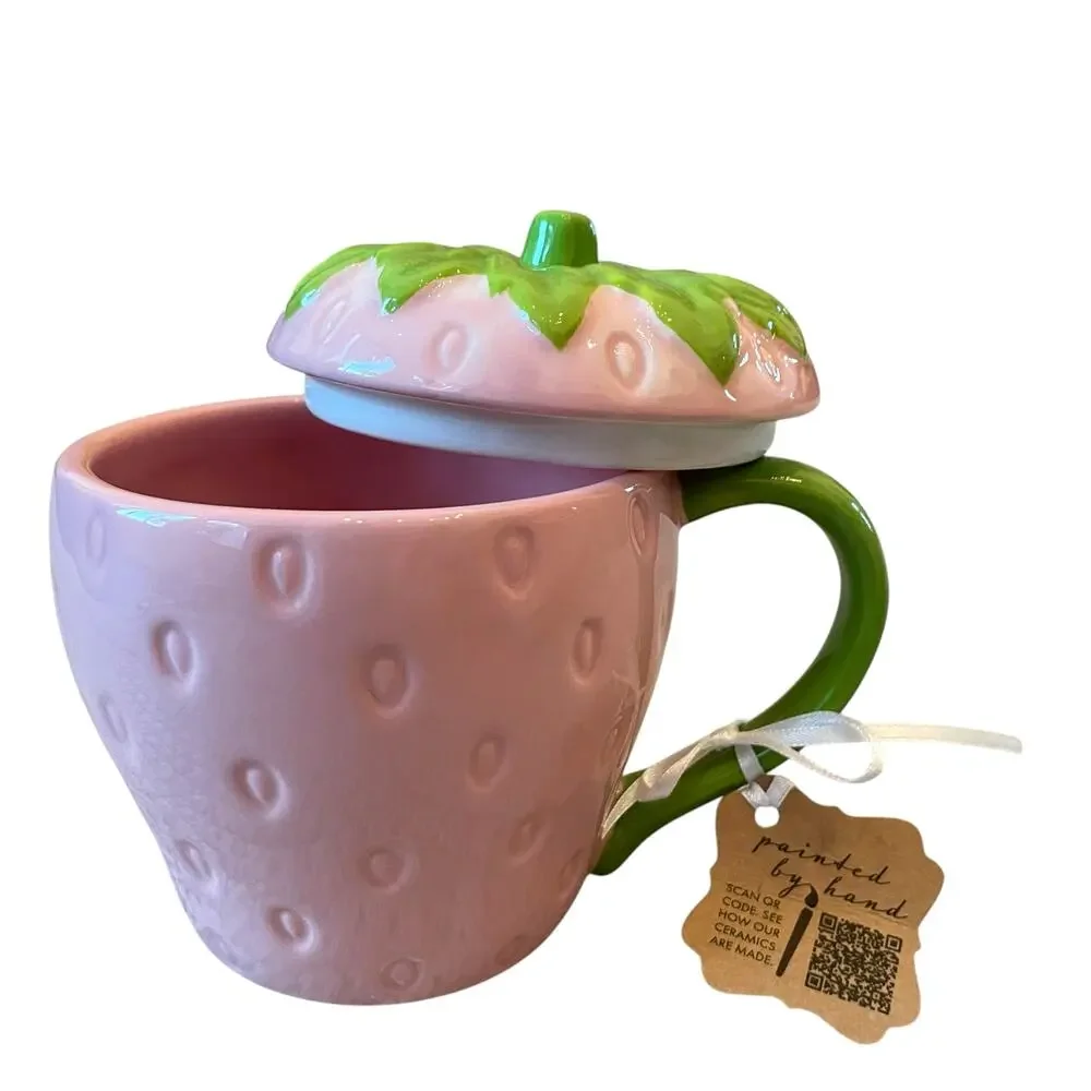 Lang Hand Painted PINK STRAWBERRY Ceramic Mug with Lid 18oz Spring New